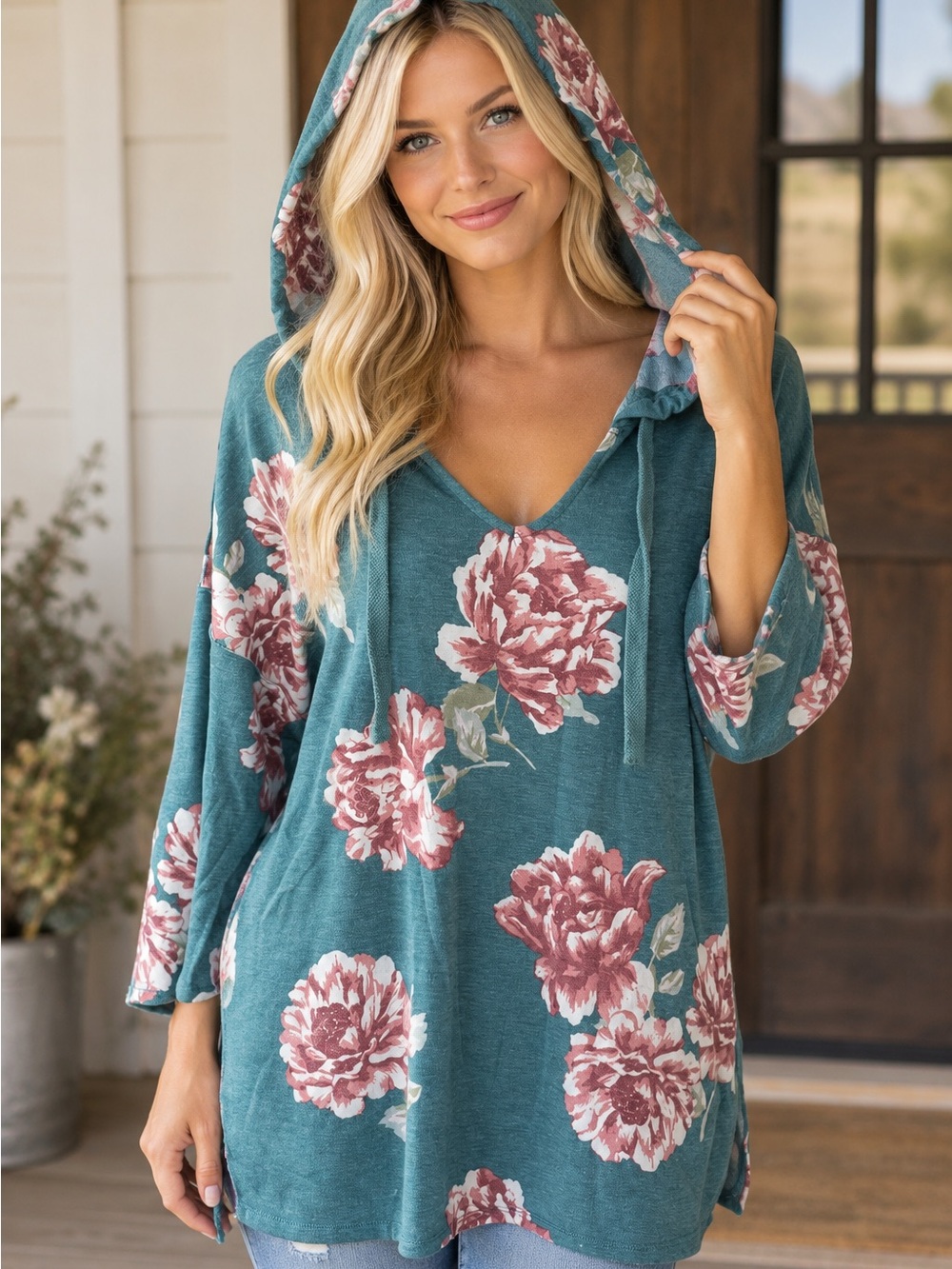 Xhilaration Floral Cozy Women Oversized Hoodie Top Green Pink Boho Boxy Y2K S